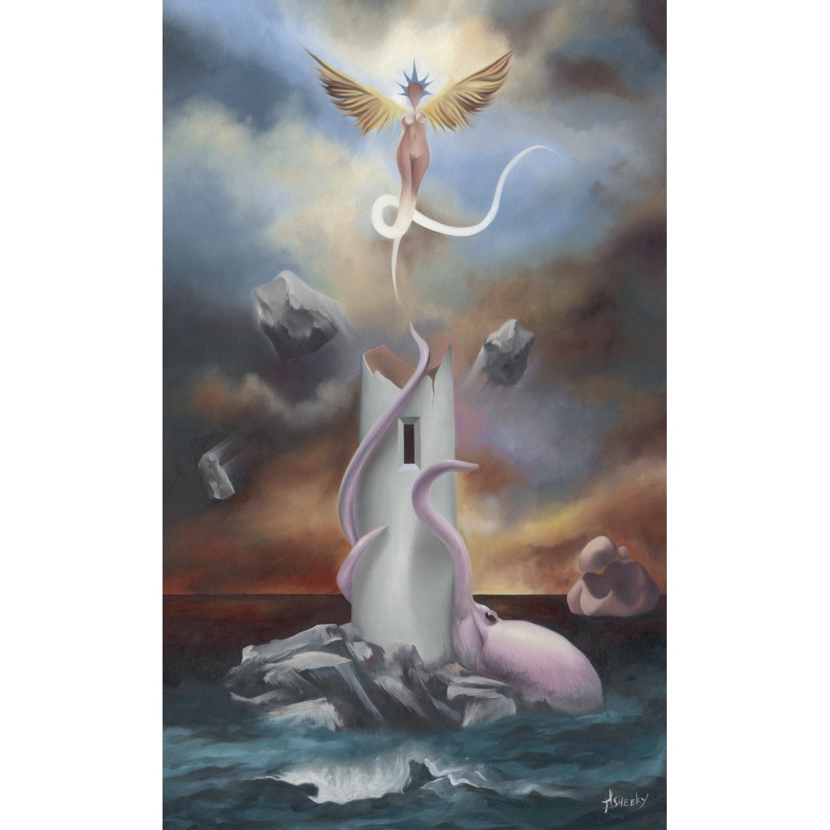 An Octopus Finally Killing A Lighthouse Which Is Assumpted Into An Angel by Mark Sheeky